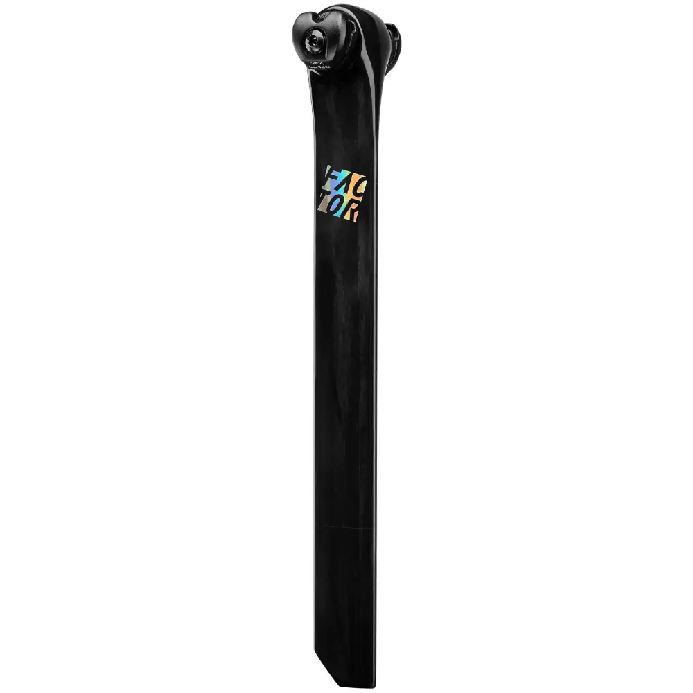 An angled image of a black Factor OSTRO VAM Seatpost with an iridescent logo