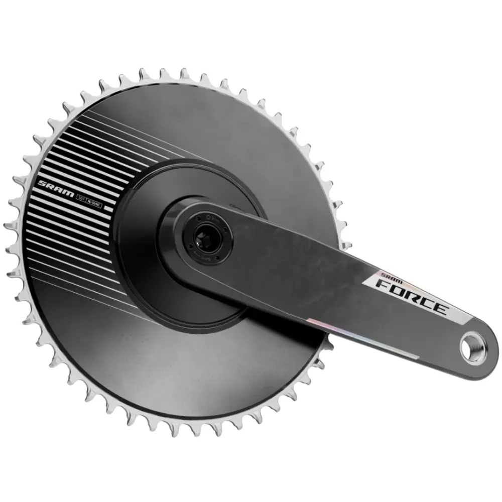 An angled view of a A grey and silver SRAM Force E1 1x Aero Road Crankset.