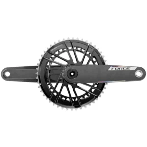 A grey and silver SRAM Force E1 2x Road Crankset.
