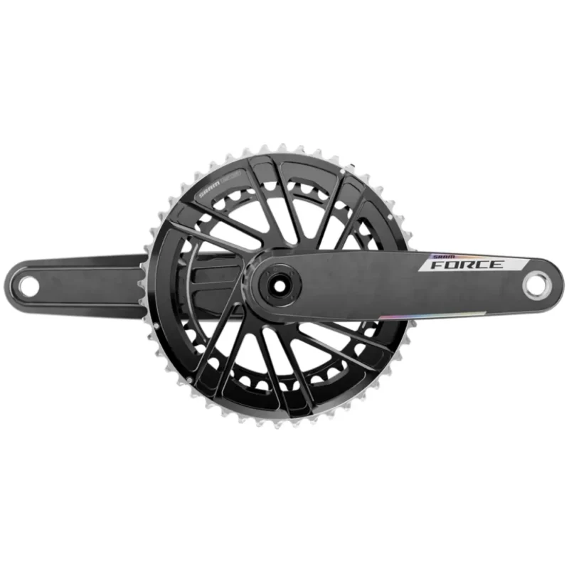 A grey and silver SRAM Force E1 2x Road Crankset.