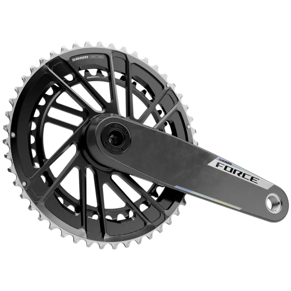 An angled view of a A grey and silver SRAM Force E1 2x Road Crankset.