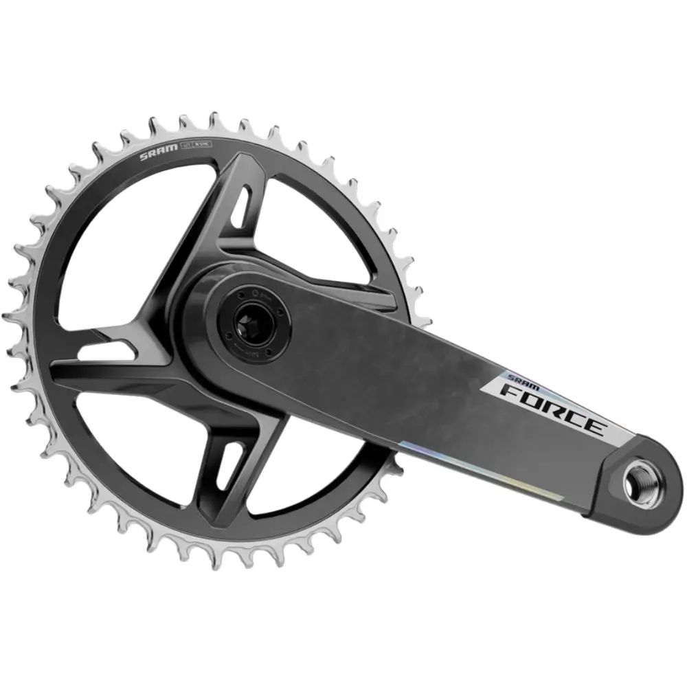 An angled view of a grey SRAM Force E1 XPLR 1x Crankset.
