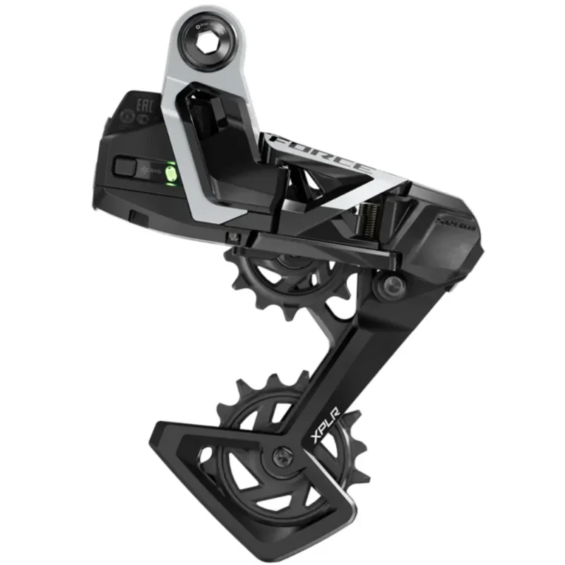 A black and silver SRAM Force E1 XPLR AXS Rear Derailleur.
