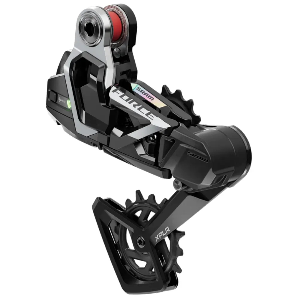 An angled image of a black and silver SRAM Force E1 XPLR AXS Rear Derailleur.
