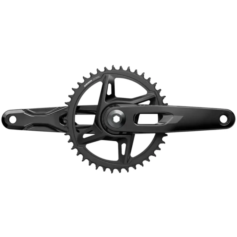 A black SRAM Rival E1 1x XPLR Crankset with cutouts in the crank arms.