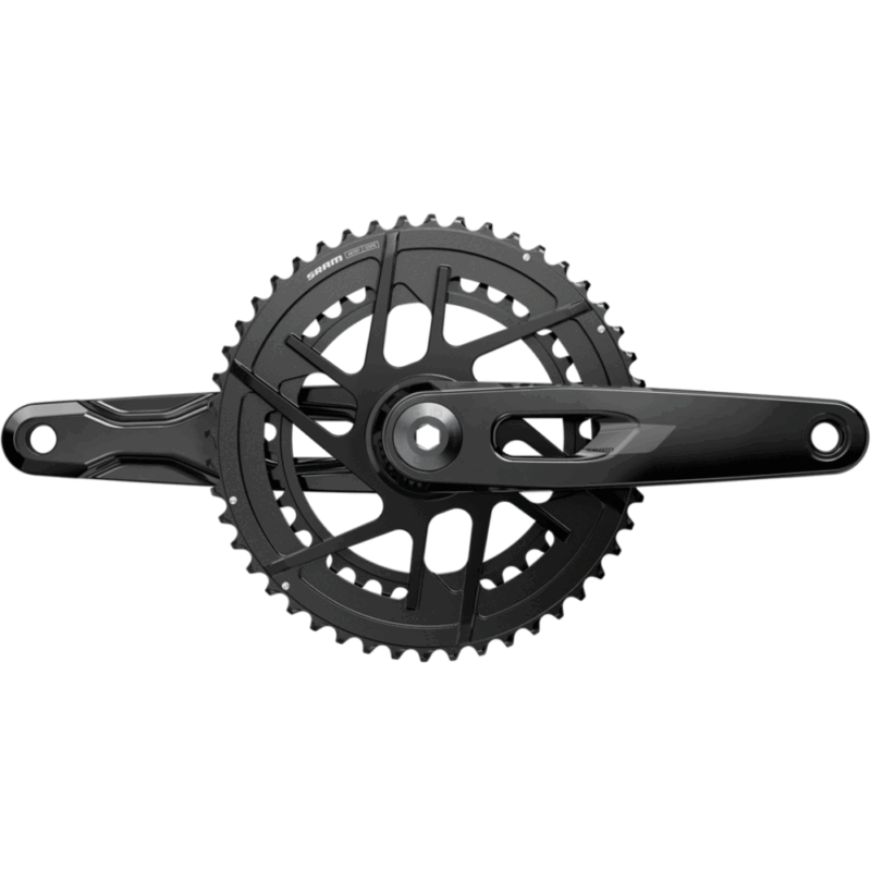 A black SRAM Rival E1 2x Road Crankset.