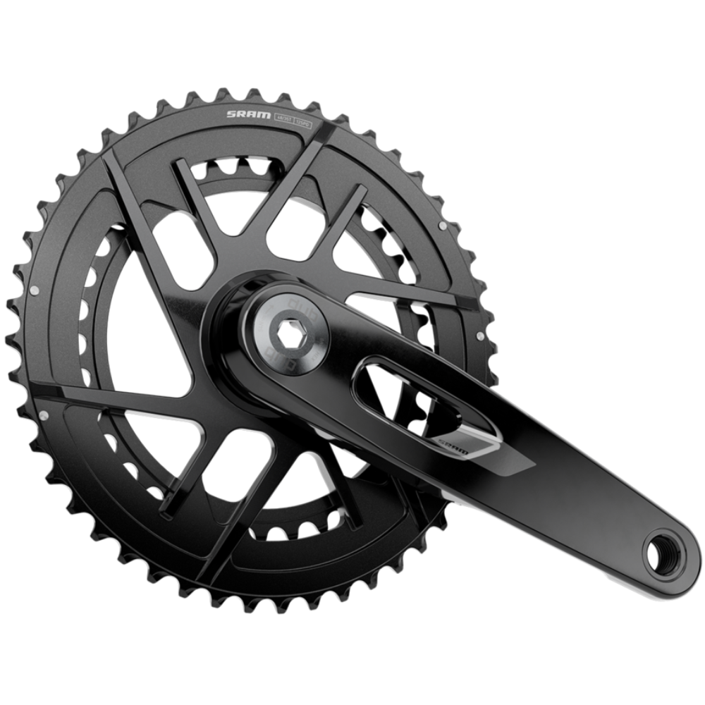 An angled view of a black SRAM Rival E1 2x Road Crankset.