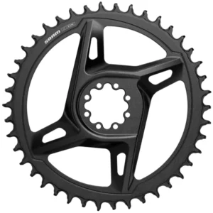 The front of a black SRAM Rival E1 X-SYNC Direct Mount Chainring.