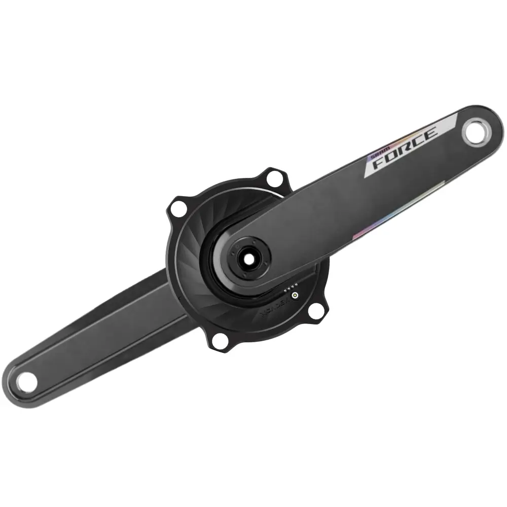 A black XCADEY XPOWER power meter spider with a 4-bolt pattern attached to carbon SRAM Force E1 crank arms.