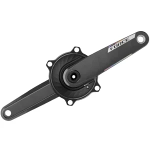 A black XCADEY XPOWER power meter spider with a 4-bolt pattern attached to carbon SRAM Force E1 crank arms.