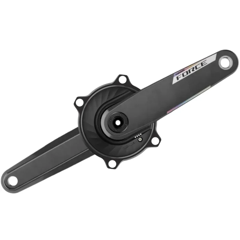 A black XCADEY XPOWER power meter spider with a 4-bolt pattern attached to carbon SRAM Force E1 crank arms.