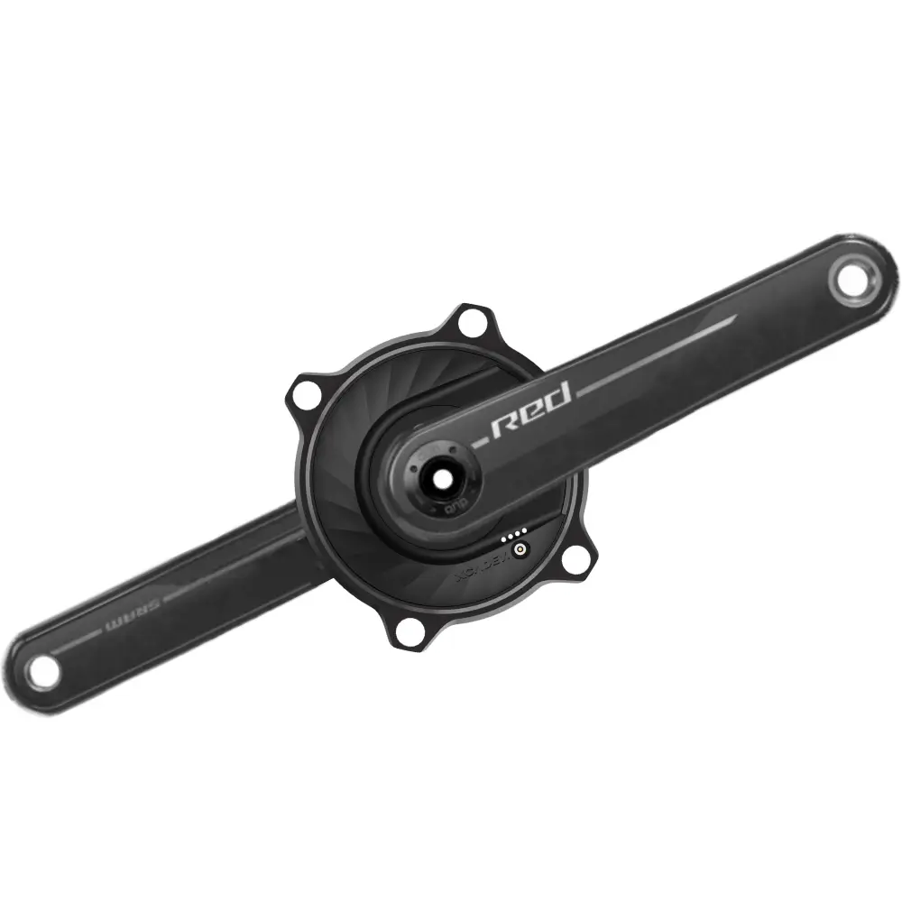 A black XCADEY XPOWER power meter spider with a 4-bolt pattern attached to carbon SRAM RED E1 crank arms.