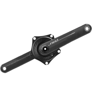 A black XCADEY XPOWER power meter spider with a 5-bolt pattern attached to carbon SRAM RED E1 crank arms.