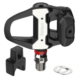 A black and silver Favero Assioma PRO RS-UP Road Upgrade Pedal with pedal washers and charging connector.