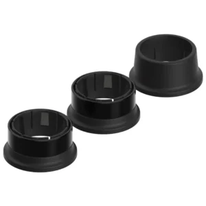 Two black Favero Assioma PRO Replacement Rings and one black replacement bushing.