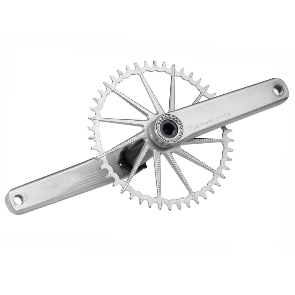 A silver Garbaruk Gravel Crankset with a silver Garbaruk chainring installed.