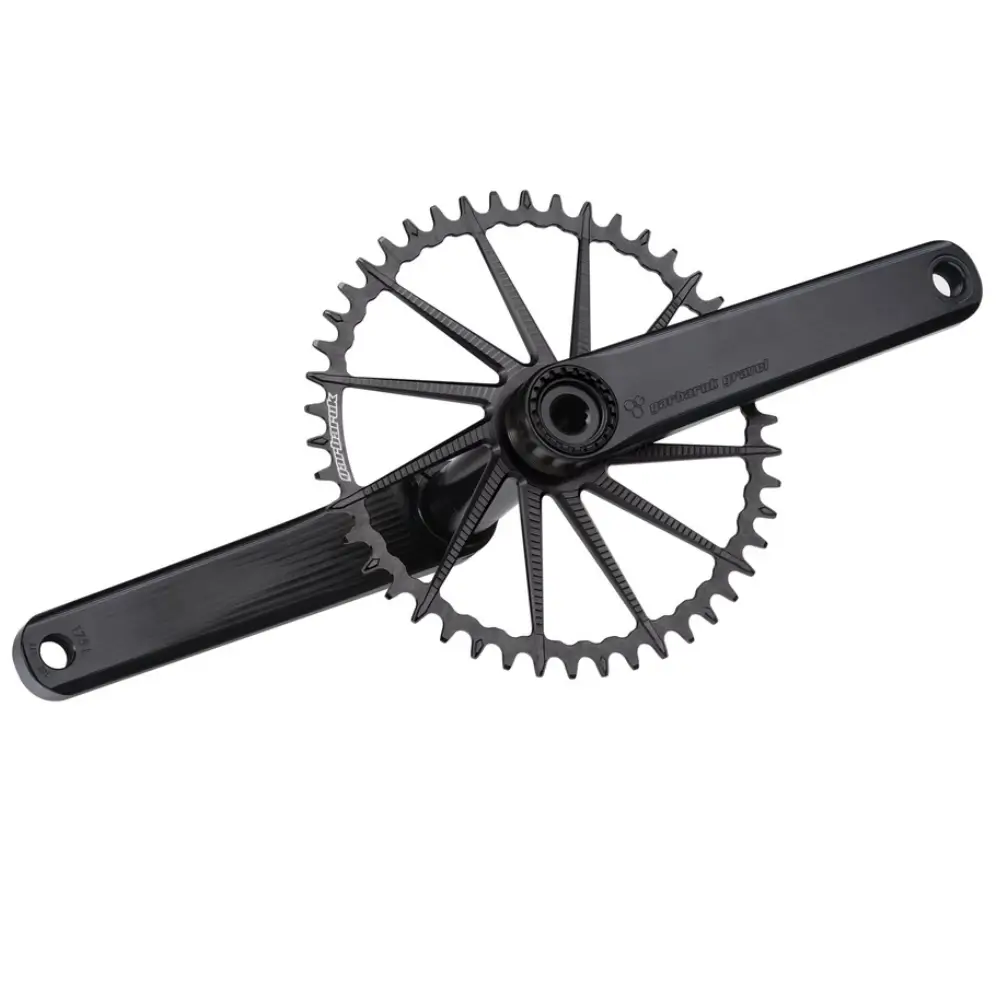 A black Garbaruk Gravel Crankset with a black Garbaruk chainring installed.