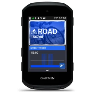 A front view of a black Garmin Edge 550 Bike Computer, showing a blue data field 'Road' and another blue data field 'Sprint Work' on the screen.