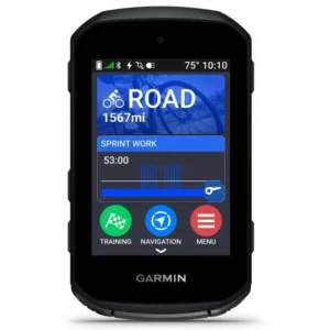 A front view of a black Garmin Edge 850 Bike Computer, showing a blue data field 'Road' and another blue data field 'Sprint Work' on the screen.