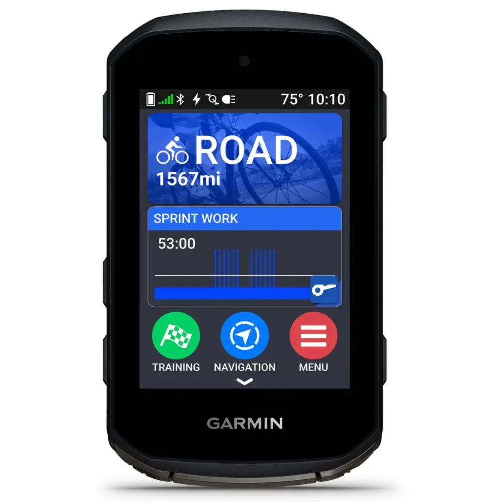 A front view of a black Garmin Edge 850 Bike Computer, showing a blue data field 'Road' and another blue data field 'Sprint Work' on the screen.