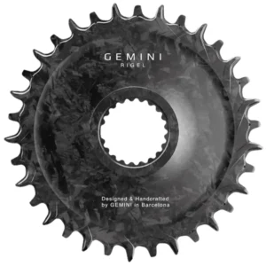 A black Gemini Rigel Shimano Direct Mount Boost MTB Chainring with white Gemini lettering.