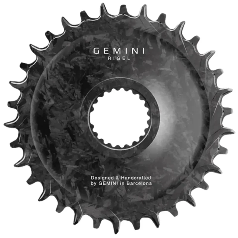A black Gemini Rigel Shimano Direct Mount Boost MTB Chainring with white Gemini lettering.