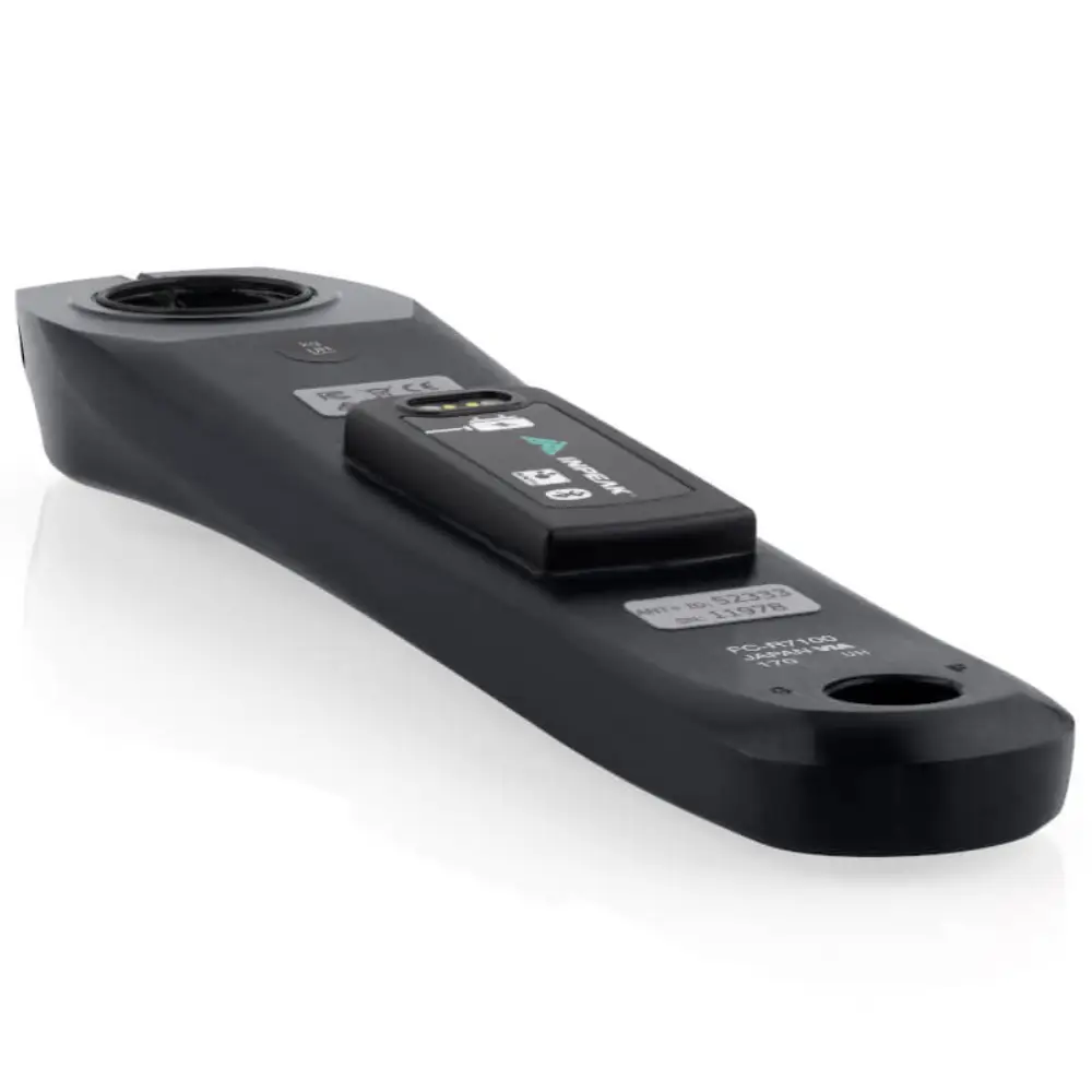 A black Shimano R7100 crank arm with an INPEAK POWERCRANK-E power meter sensor installed.