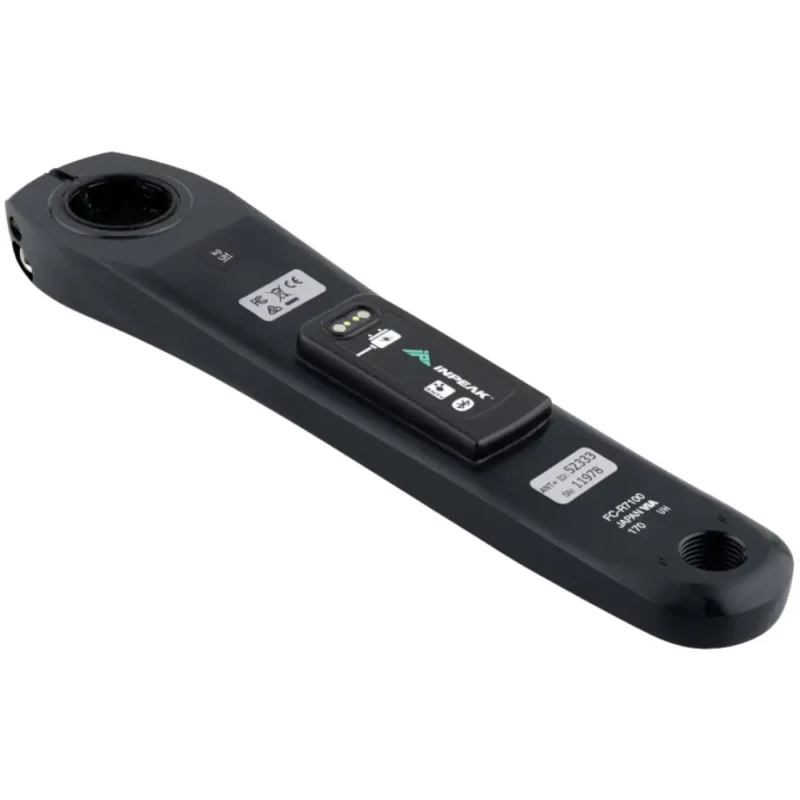 A black Shimano R7100 crank arm with an INPEAK POWERCRANK-E power meter sensor installed.