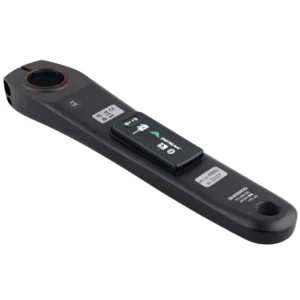 A black Shimano R8100 crank arm with an INPEAK POWERCRANK-E power meter sensor installed.
