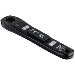 A black Shimano R9200 crank arm with an INPEAK POWERCRANK-E power meter sensor installed.