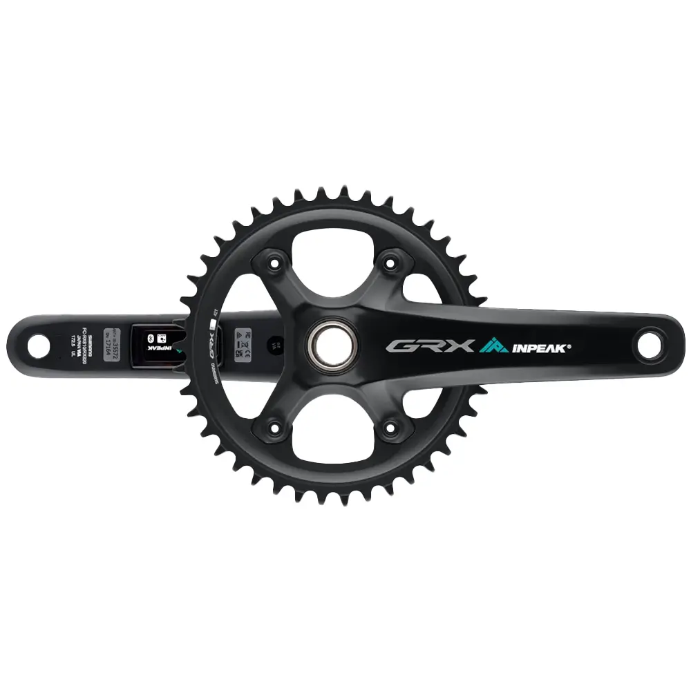 A black 1x INPEAK POWERCRANK-E TWiN2 Shimano GRX RX820 Power Meter crankset.