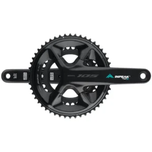 A black Shimano 105 R7100 crankset featuring INPEAK-POWERCRANK-E-TWiN2 sensors installed, with a teal and white INPEAK decal on the drive side crank arm.