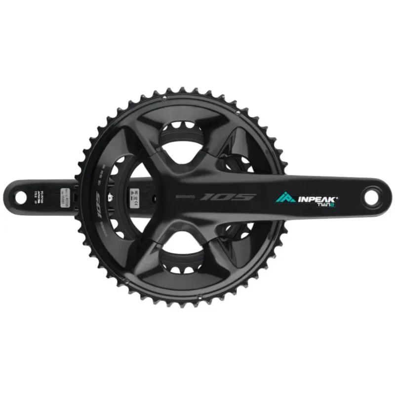 A black Shimano 105 R7100 crankset featuring INPEAK-POWERCRANK-E-TWiN2 sensors installed, with a teal and white INPEAK decal on the drive side crank arm.