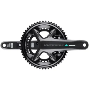 A black Shimano Ultegra R8100 crankset featuring INPEAK-POWERCRANK-E-TWiN2 sensors installed, with a teal and white INPEAK decal on the drive side crank arm.