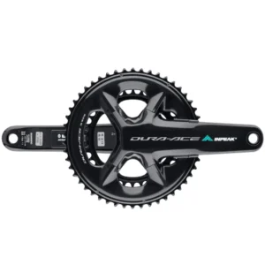 A black Shimano Dura Ace R9200 crankset featuring INPEAK-POWERCRANK-E-TWiN2 sensors installed, with a teal and white INPEAK decal on the drive side crank arm.