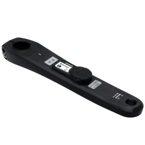 A black Shimano R7100 crank arm with an INPEAK POWERCRANK power meter sensor installed.