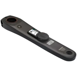 A black Shimano R8100 crank arm with an INPEAK POWERCRANK power meter sensor installed.