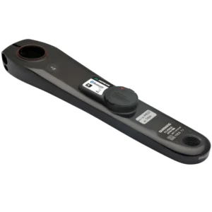 A black Shimano R9200 crank arm with an INPEAK POWERCRANK power meter sensor installed.