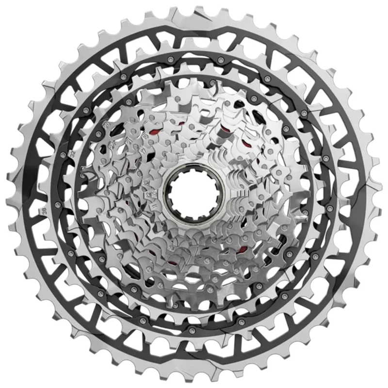 A silver SRAM Force E1 XPLR XG-1371 13-Speed Cassette.