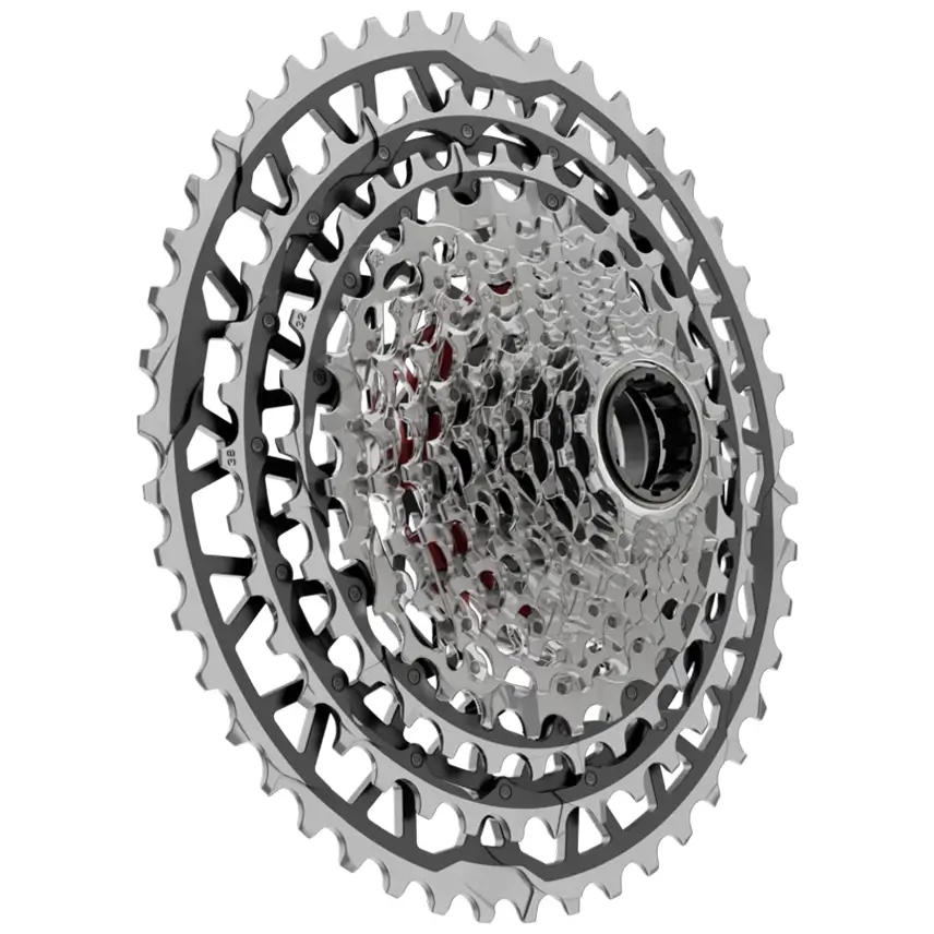 An angled view of a silver SRAM Force E1 XPLR XG-1371 13-Speed Cassette.