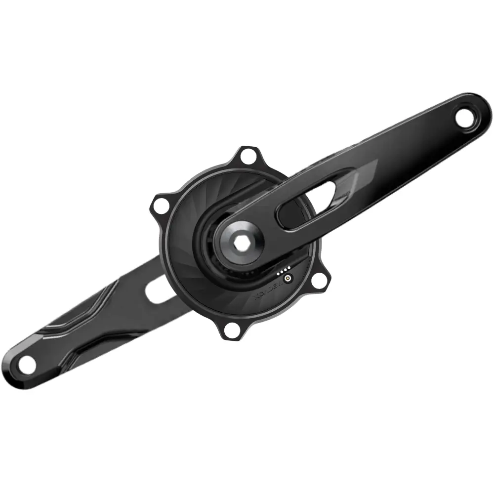 A black XCADEY XPOWER power meter spider with a 4-bolt pattern attached to black aluminum SRAM Rival E1 crank arms.