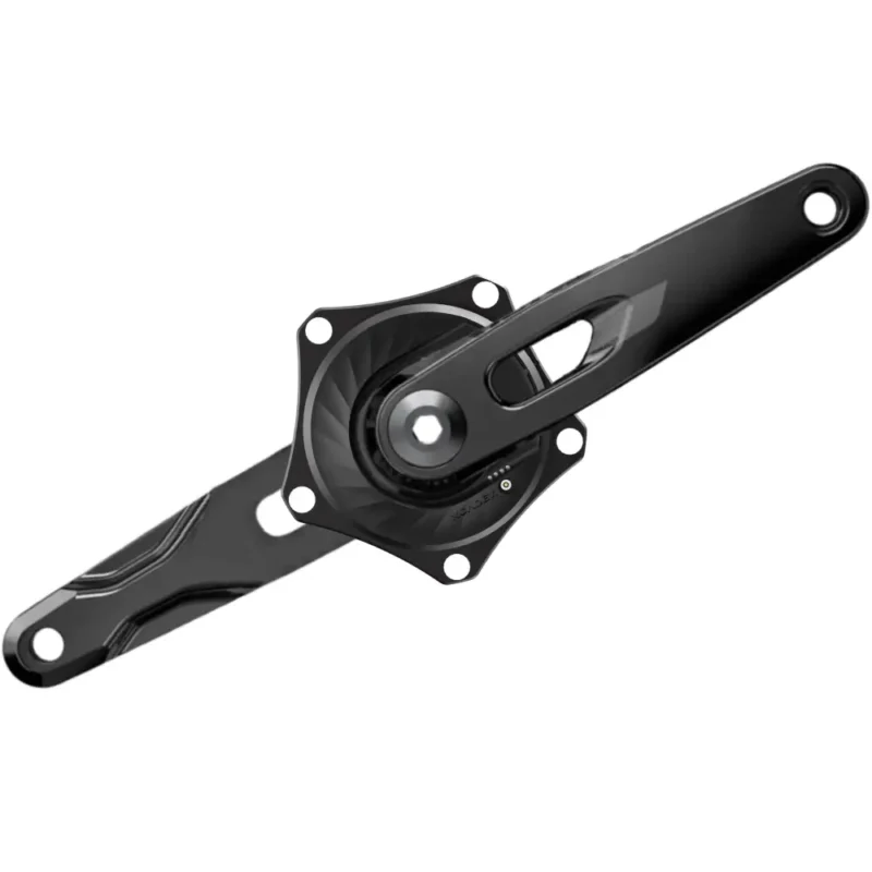 A black XCADEY XPOWER power meter spider with a 5-bolt pattern attached to black aluminum SRAM Rival E1 crank arms.