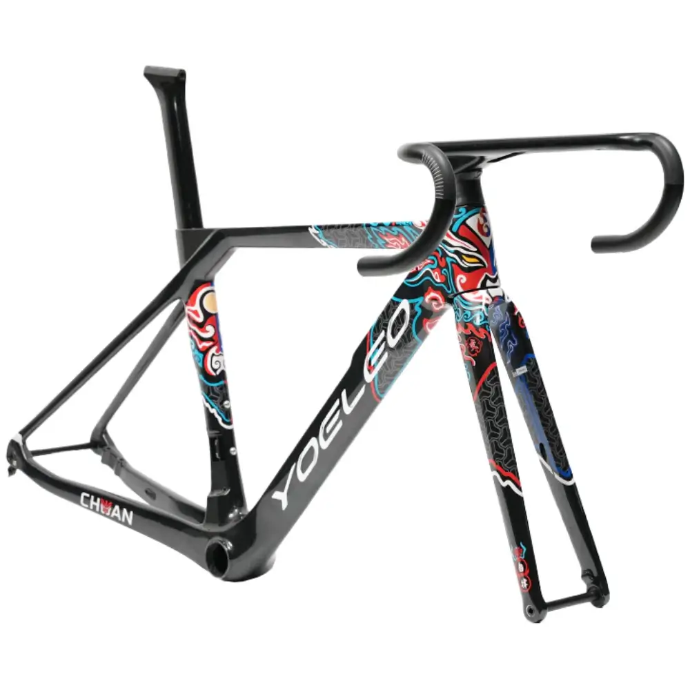 A side oblique view of a Yoeleo R12 Disc Brake Road Frameset in Chuan colorway, with optional H9 handlebars.