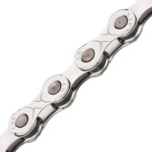 A silver KMC E12 12-Speed Chain