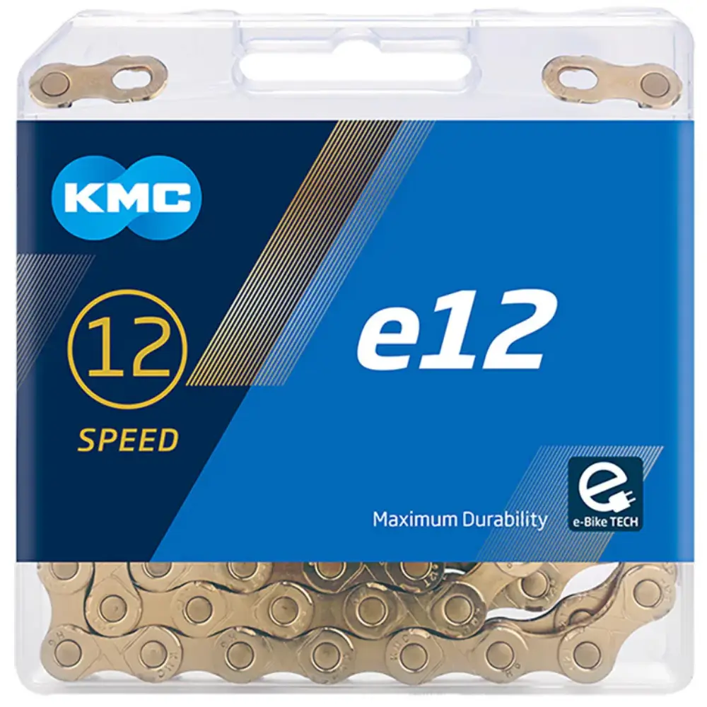 A gold KMC E12 12-Speed Chain