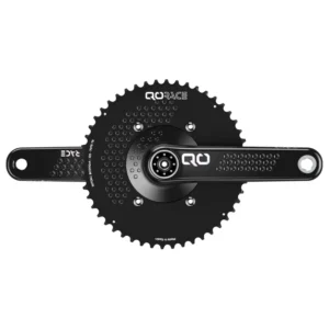 A black QO RACE Road Crankset with chainrings and spider
