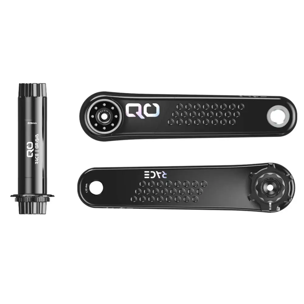 The crank arms and spindle of a QO RACE Road Crankset