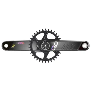 A complete black QO ROCKS MTB Crankset