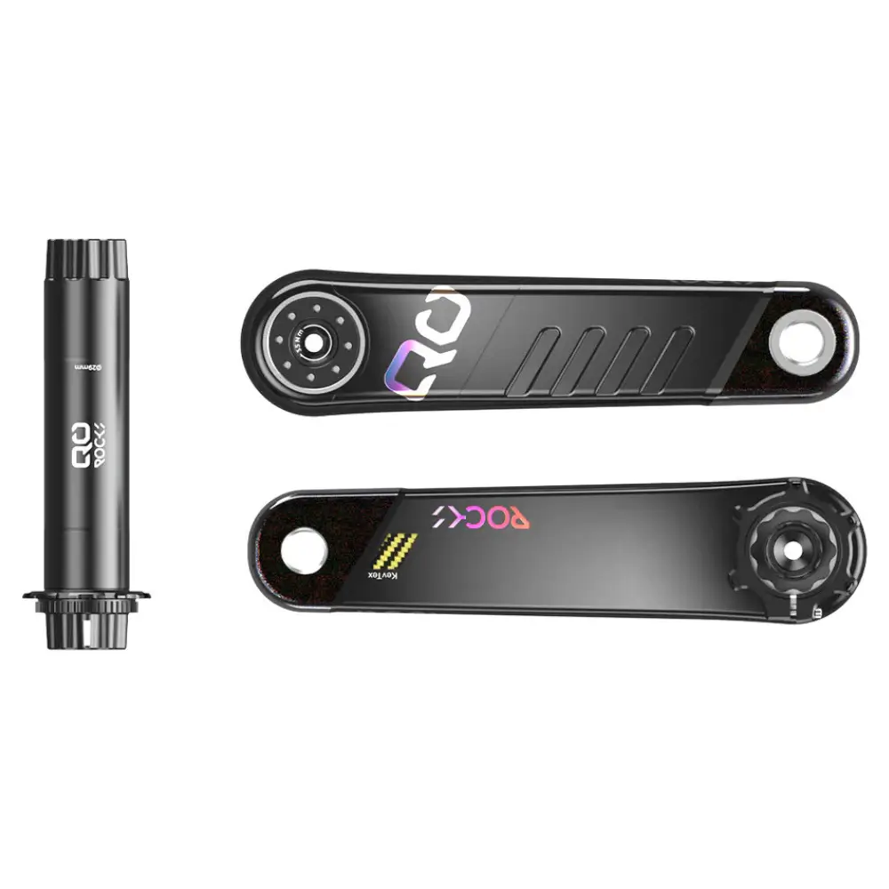 The black spindle and crank arms of a QO ROCKS MTB Crankset
