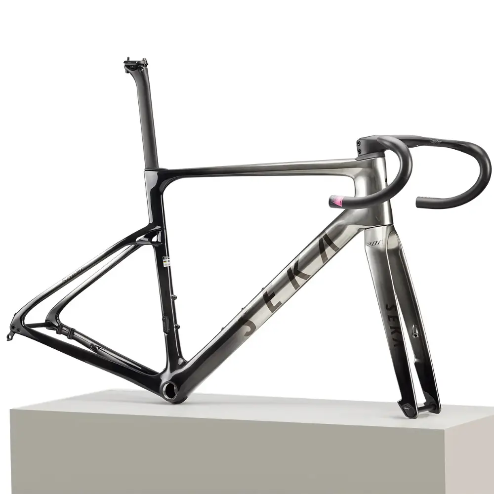 A SEKA Spear RDC Disc Brake Road Frameset in Chronos color way sitting on a plinth